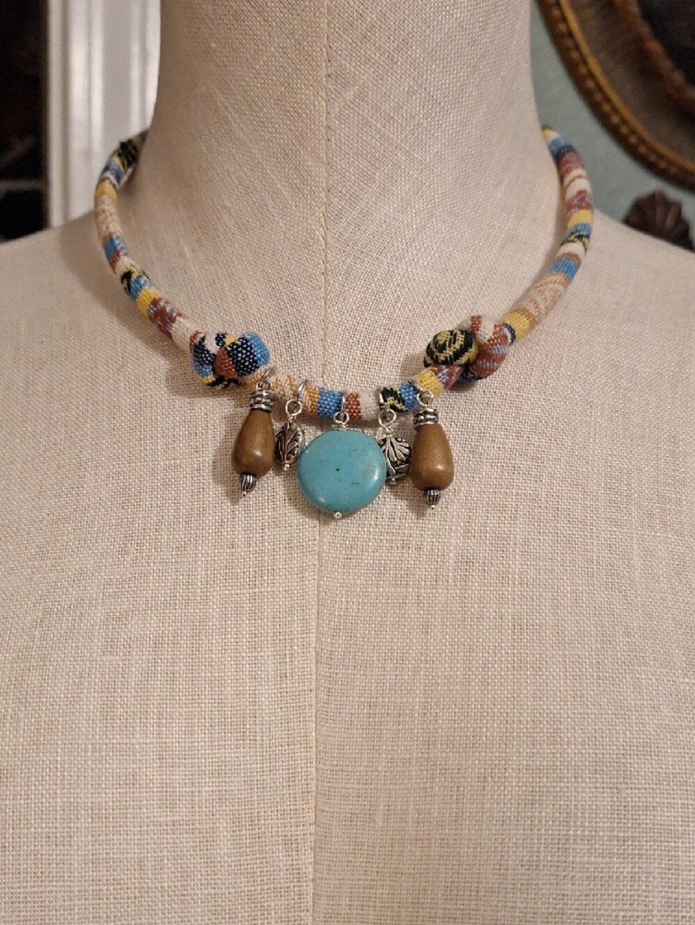 Boho Turquoise Pendant Bead Necklace On Multicolor Fabric Cord - Picture 6 of 7